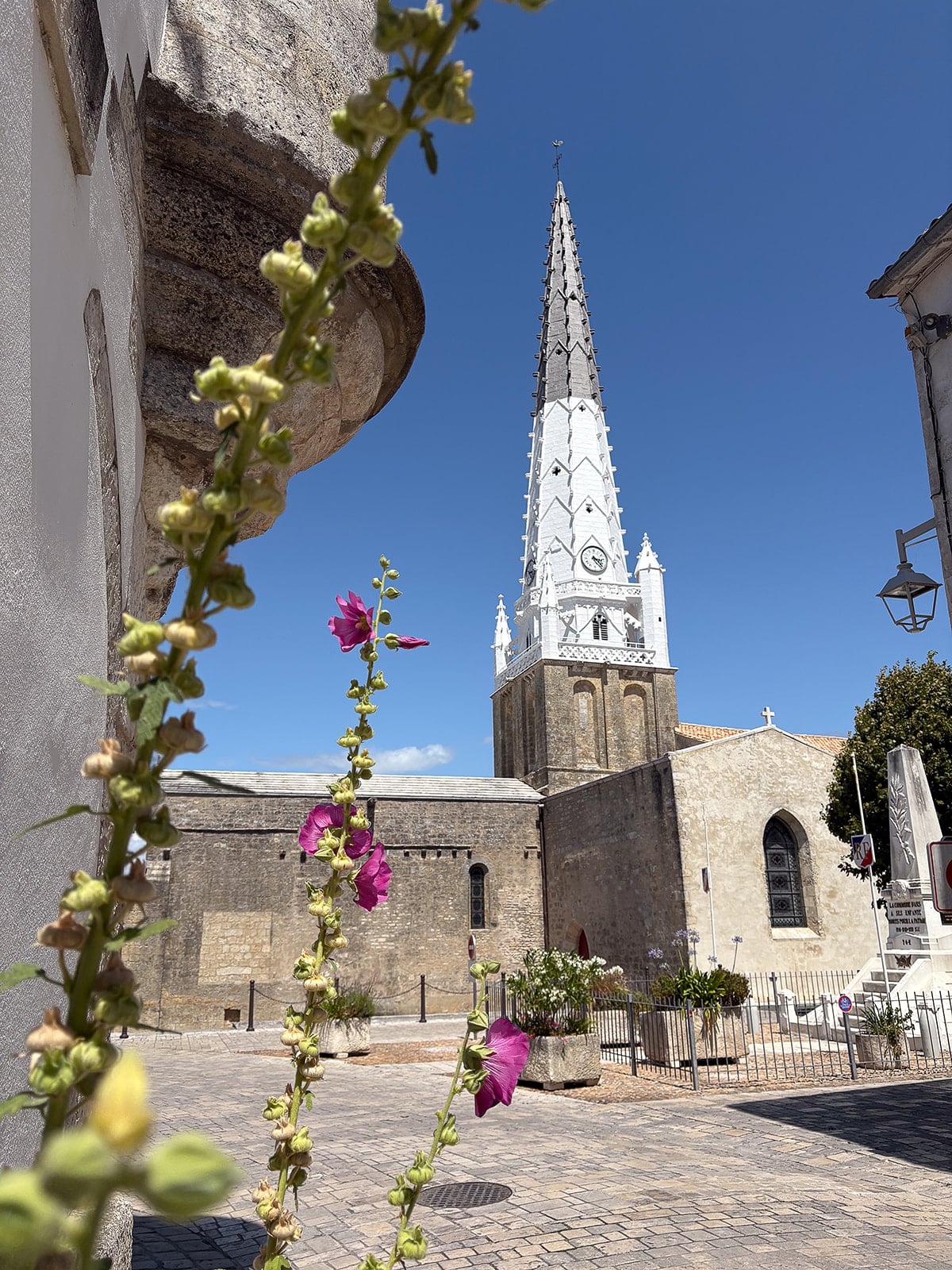 Église avec clocher et fleurs au premier plan