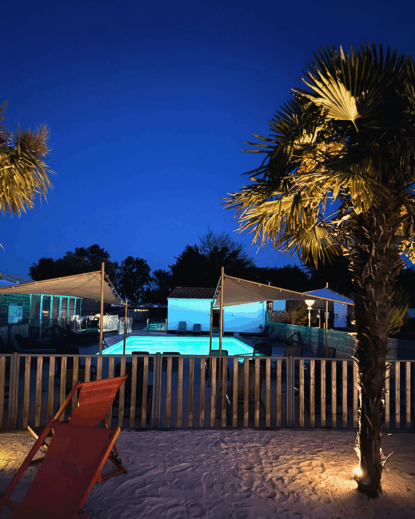 Piscine éclairée la nuit avec palmiers.
